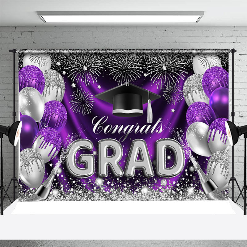 Aperturee - Purple Silver Glitter Balloons Graduation Backdrop