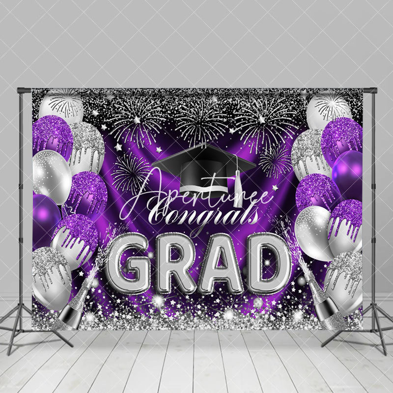 Aperturee - Purple Silver Glitter Balloons Graduation Backdrop