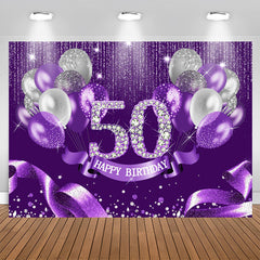 Aperturee - Purple Silver Ribbion Happy 50Th Birthday Backdrop