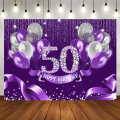 Aperturee - Purple Silver Ribbion Happy 50Th Birthday Backdrop