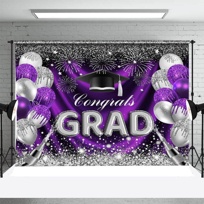 Aperturee - Purple Silver Sparkling Balloon Graduation Backdrop