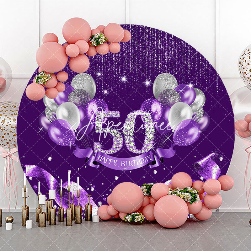 Aperturee - Purple Sparkle Balloons Round 50th Birthday Backdrop