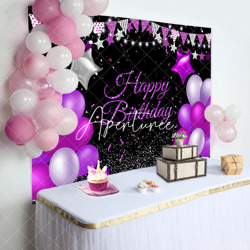 Aperturee - Purple Star Balloons Glitter Happy Birthday Backdrop