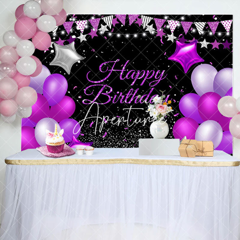 Aperturee - Purple Star Balloons Glitter Happy Birthday Backdrop