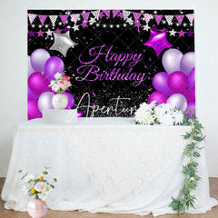 Aperturee - Purple Star Balloons Glitter Happy Birthday Backdrop