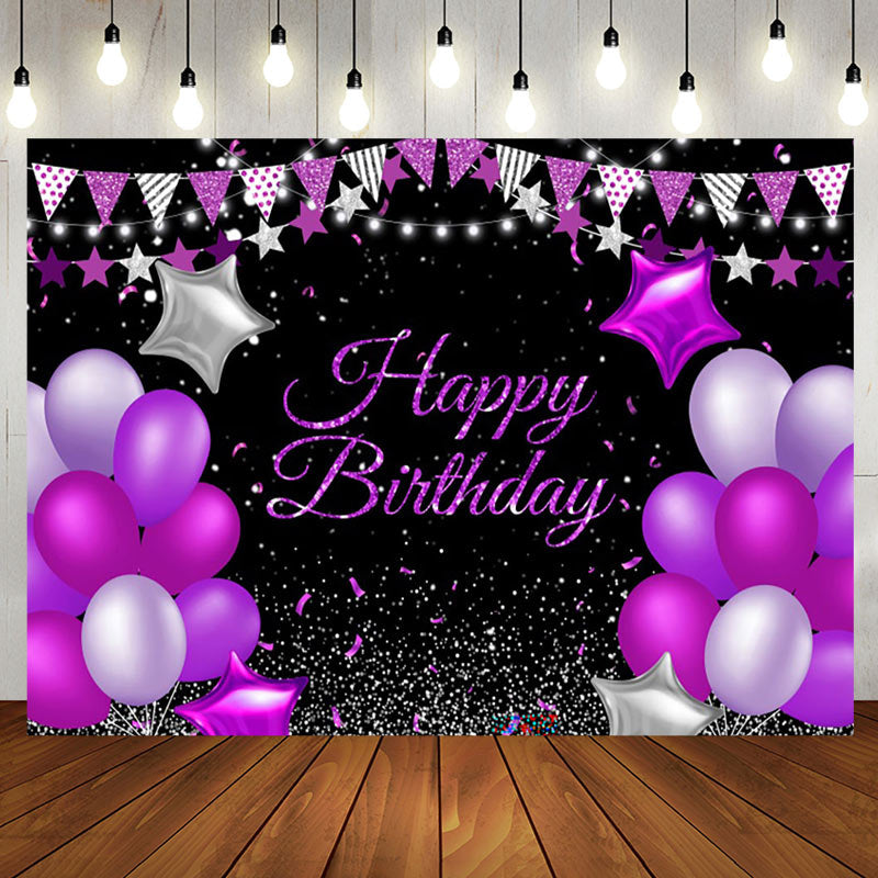 Aperturee - Purple Star Balloons Glitter Happy Birthday Backdrop