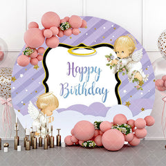 Aperturee - Purple Stripe Angel Baby Happy Birthday Backdrop