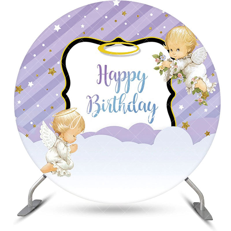 Aperturee - Purple Stripe Angel Baby Happy Birthday Backdrop