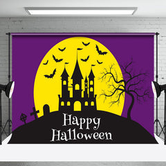 Aperturee - Purple Vibe Mountain Villa Bat Happy Halloween Backdrop