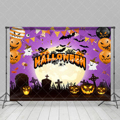 Aperturee - Purple Vibe Pumpkin Moon In Tomb Happy Halloween Backdrop