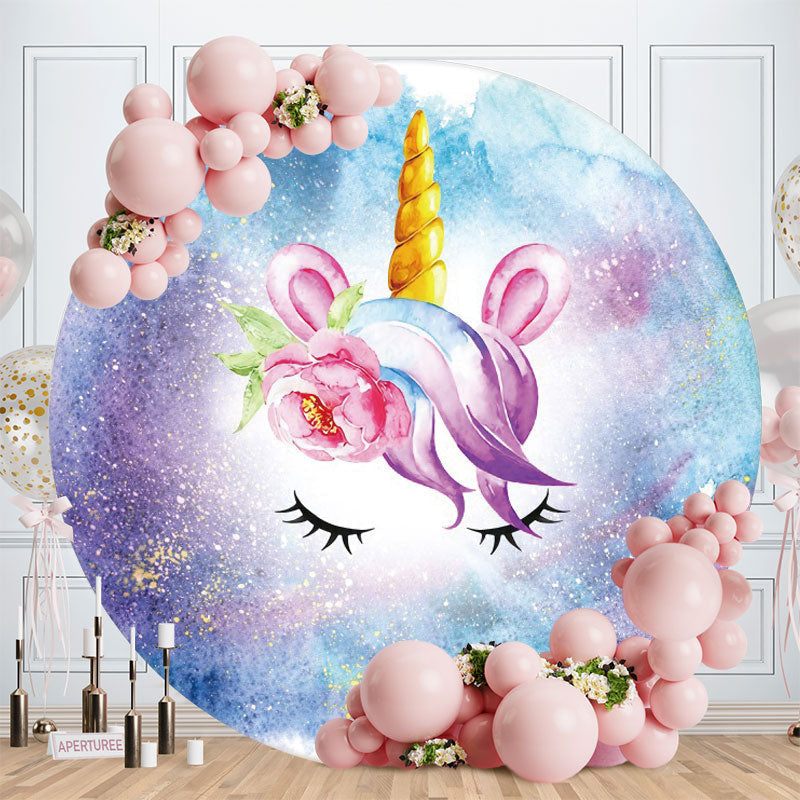 Aperturee - Purple With Blue Unicorn Round Birthday Backdrop