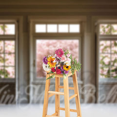 Aperturee - Quadrate Glass Door Blooming Pink Flowers Backdrop