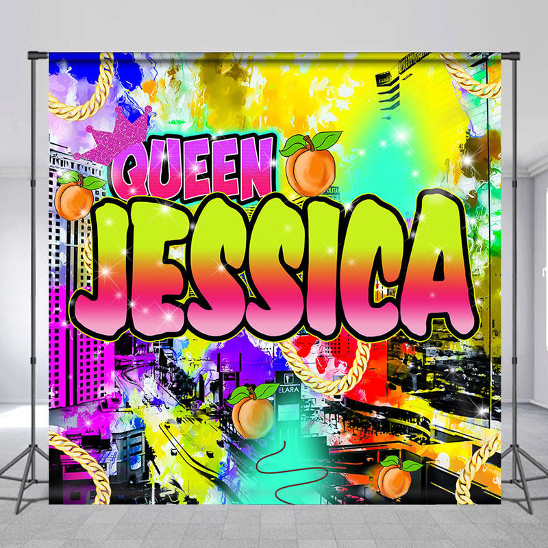 Aperturee - Queen Retro 80s 90s Neon Custom Birthday Backdrop