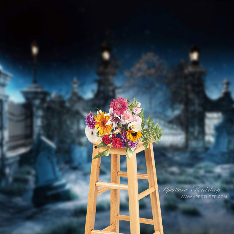 Aperturee - Quiet Night Graveyard Gate Tombstone Halloween Backdrop