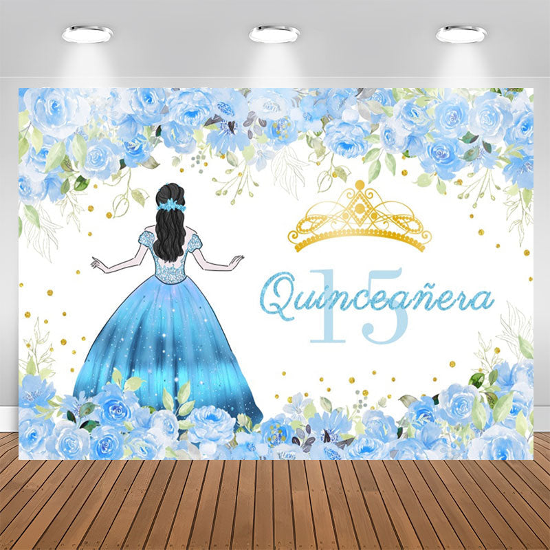 Aperturee - Quinceanera Girl Blue Floral 15th Birthday Backdrop