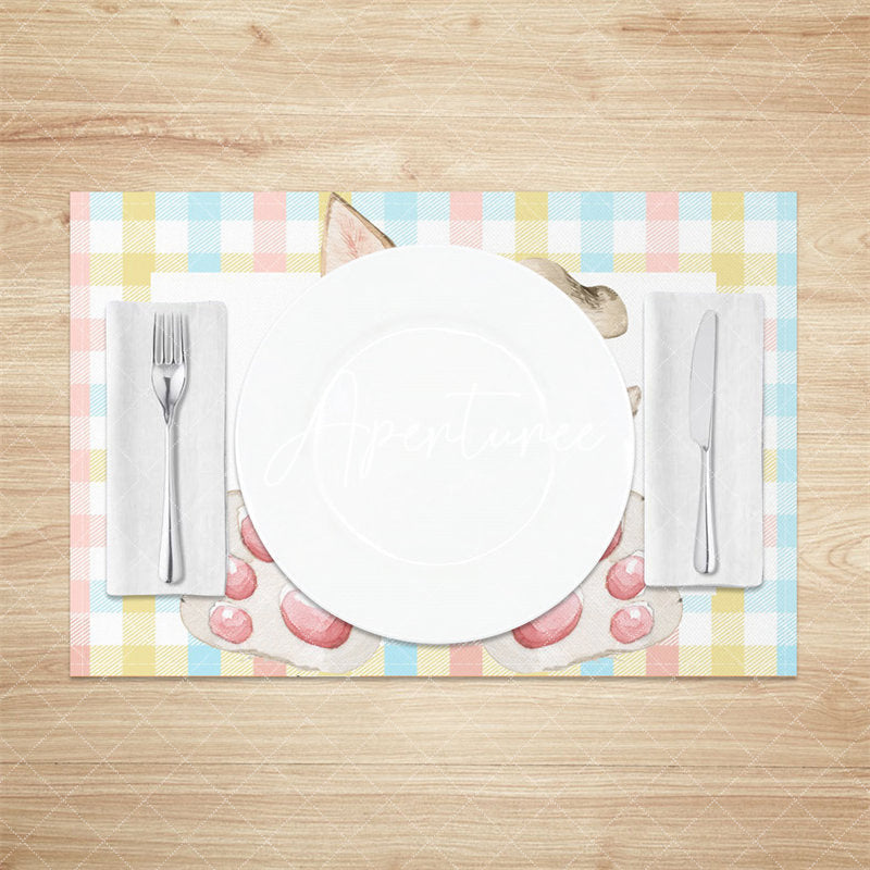 Aperturee - Rabbit Ear Paw Pink Floral Plaid Set Of 4 Placemats