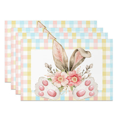 Aperturee - Rabbit Ear Paw Pink Floral Plaid Set Of 4 Placemats