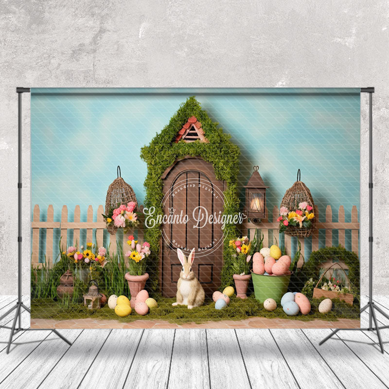 Aperturee - Rabbit Eggs Warm Brown Door Easter Photo Backdrop