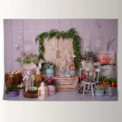 Aperturee - Rabbit Family Wood Door Garden Easter Day Backdrop