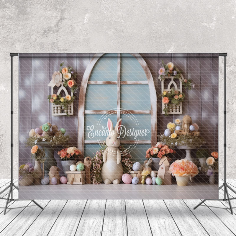 Aperturee - Rabbit Floral Egg Wood Wall Easter Photo Backdrop