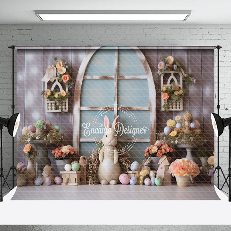 Aperturee - Rabbit Floral Egg Wood Wall Easter Photo Backdrop