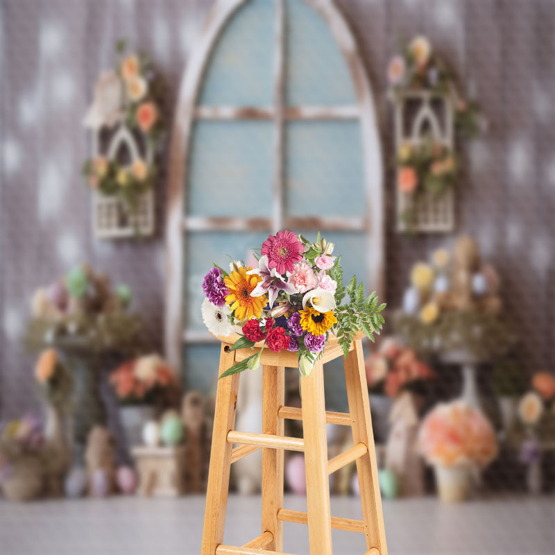 Aperturee - Rabbit Floral Egg Wood Wall Easter Photo Backdrop