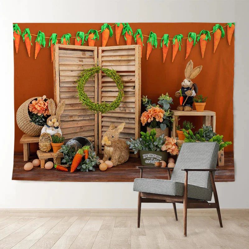 Aperturee - Rabbit Parrots Wooden Floral Easter Day Backdrop