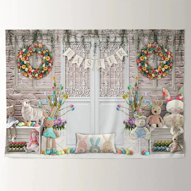 Aperturee - Rabbit Toy Wreath White Door Easter Day Backdrop