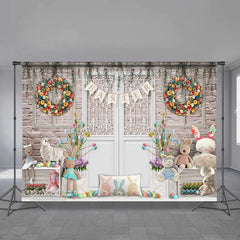 Aperturee - Rabbit Toy Wreath White Door Easter Day Backdrop