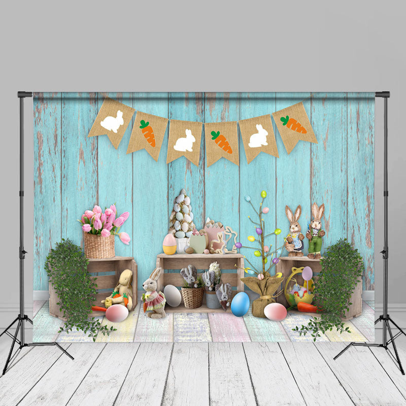 Aperturee - Rabbits Colorful Eggs Blue Wooden Wall Photo Backdrop