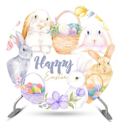 Aperturee Rabbits Floral Basket Round Easter Holiday Backdrop