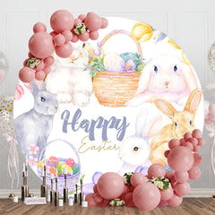 Aperturee Rabbits Floral Basket Round Easter Holiday Backdrop