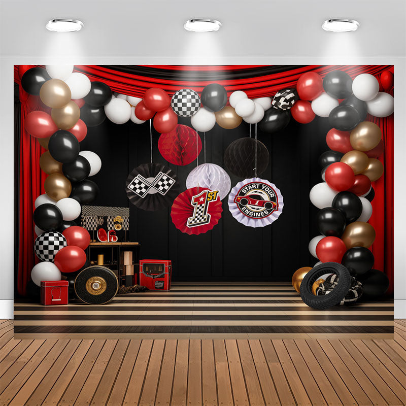 Aperturee - Racing Venue Curtain Balloons 1st Birthady Backdrop