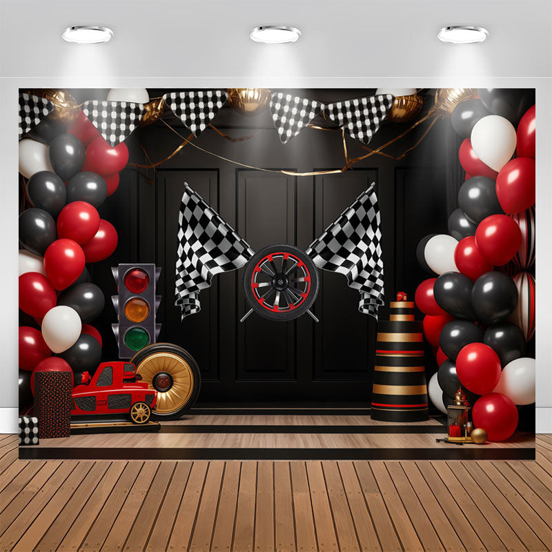 Aperturee - Racing Venue Plaid Flag Balloon Birthday Backdrop