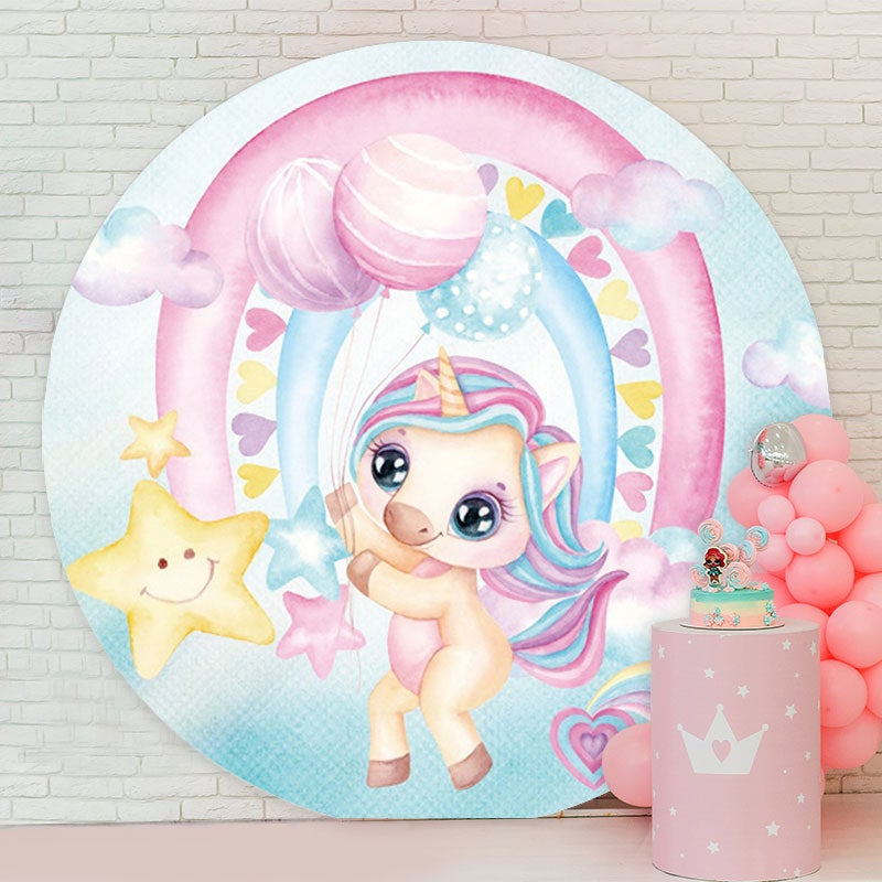 Aperturee - Rainbow And Unicorn Round Birthday Backdrops