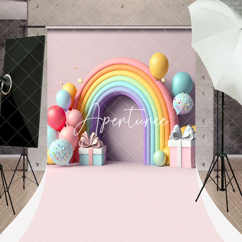 Aperturee - Rainbow Balloons Gifts Sweep Cake Smash Backdrop