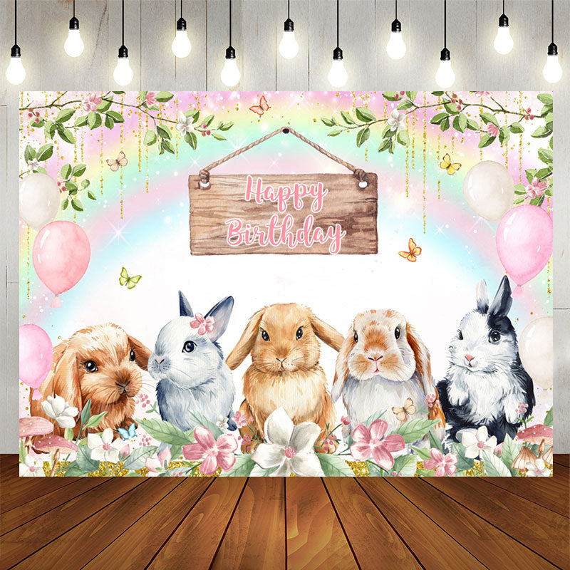 Aperturee - Rainbow Bunny Floral Balloon Happy Birthday Backdrop