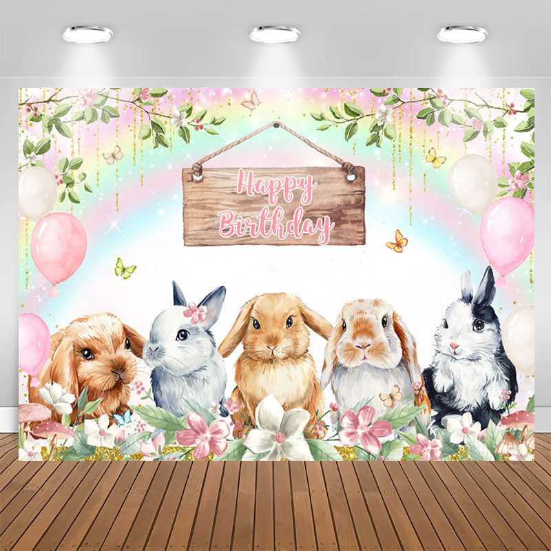 Aperturee - Rainbow Bunny Floral Balloon Happy Birthday Backdrop