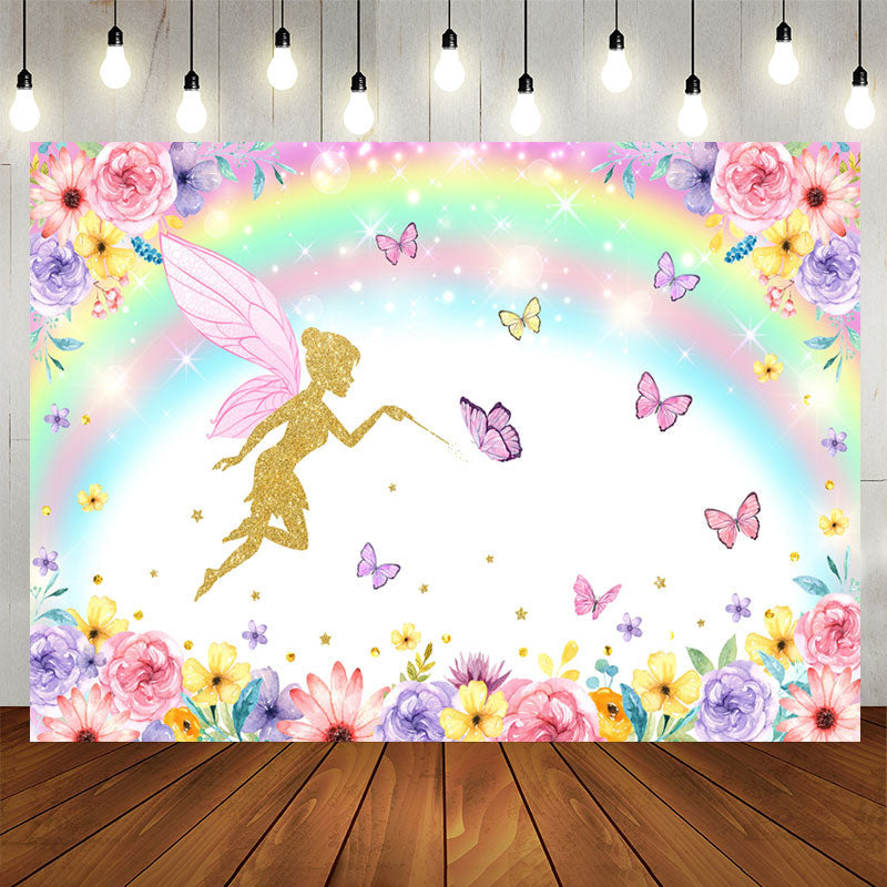 Aperturee - Rainbow Butterfly Flowers Birthday Backdrop for Girl