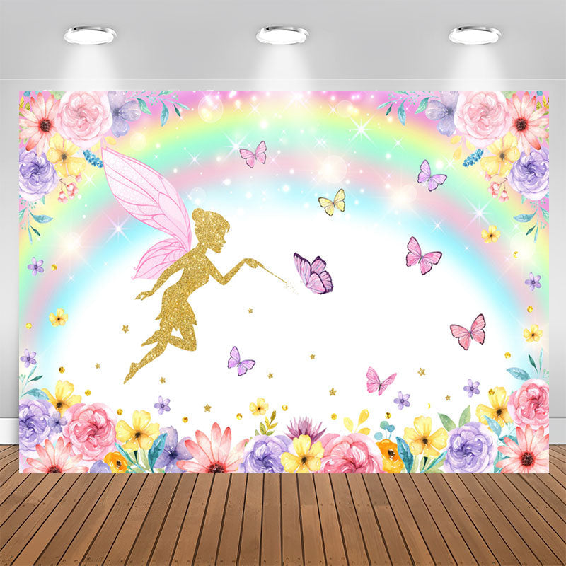 Aperturee - Rainbow Butterfly Flowers Birthday Backdrop for Girl