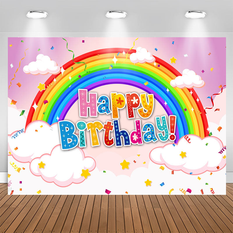 Aperturee - Rainbow Cloud Confetti Pink Happy Birthday Backdrop