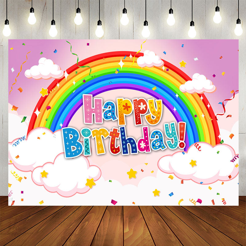 Aperturee - Rainbow Cloud Confetti Pink Happy Birthday Backdrop