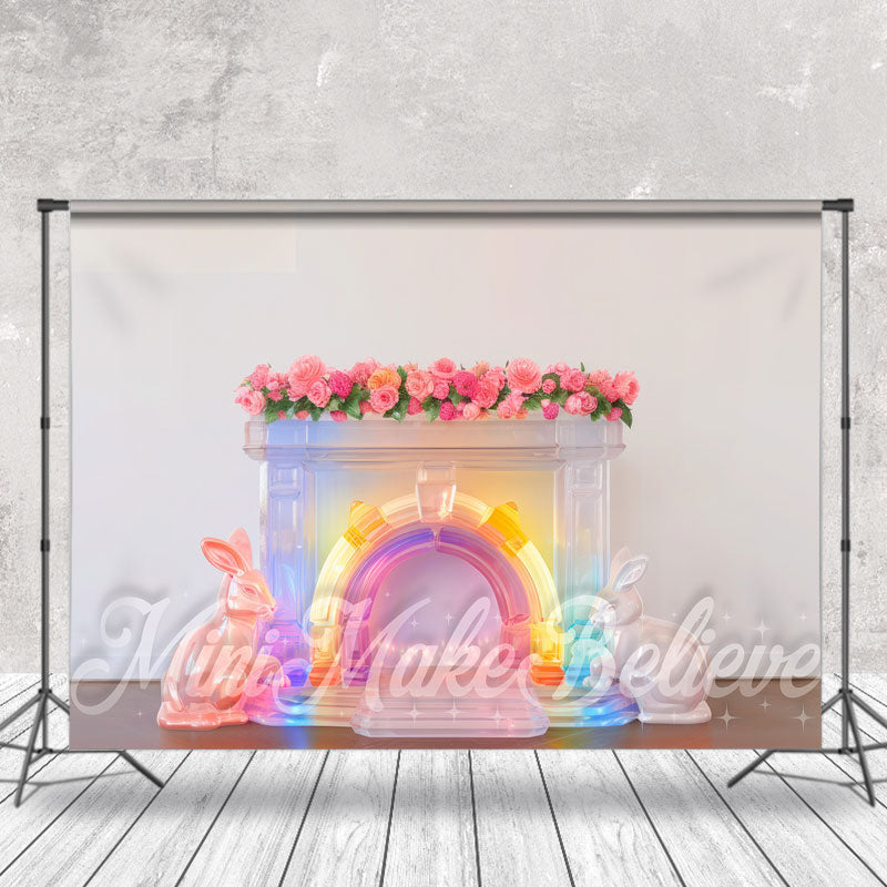 Aperturee - Rainbow Color Rabbit Ornament Floral Easter Backdrop