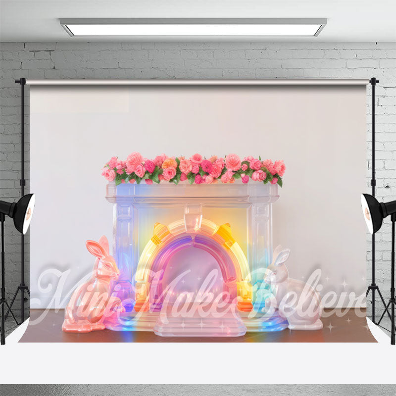 Aperturee - Rainbow Color Rabbit Ornament Floral Easter Backdrop