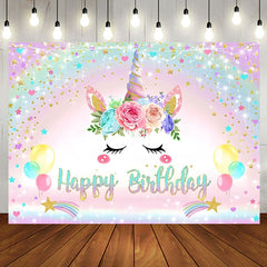 Aperturee - Rainbow Floral Unicorn Sparkle Birthday Backdrop