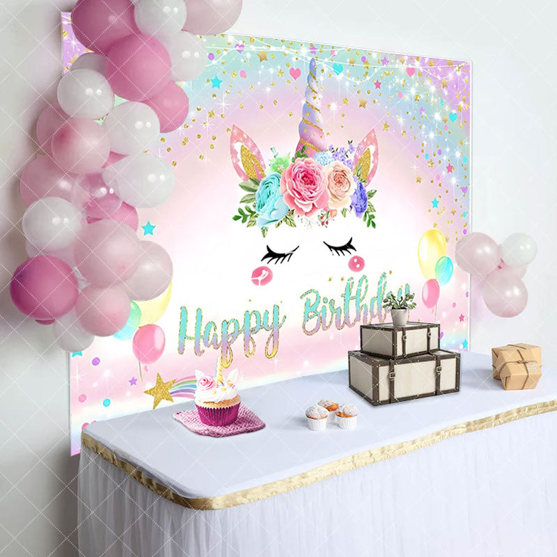 Aperturee - Rainbow Floral Unicorn Sparkle Birthday Backdrop