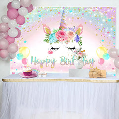 Aperturee - Rainbow Floral Unicorn Sparkle Birthday Backdrop