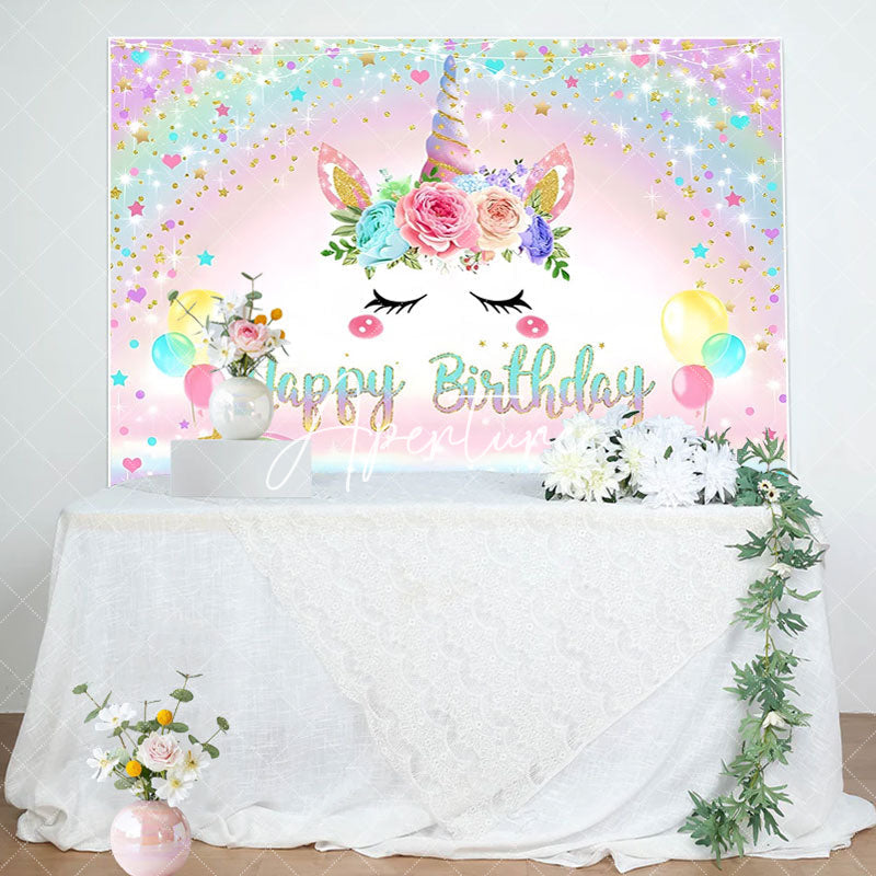 Aperturee - Rainbow Floral Unicorn Sparkle Birthday Backdrop