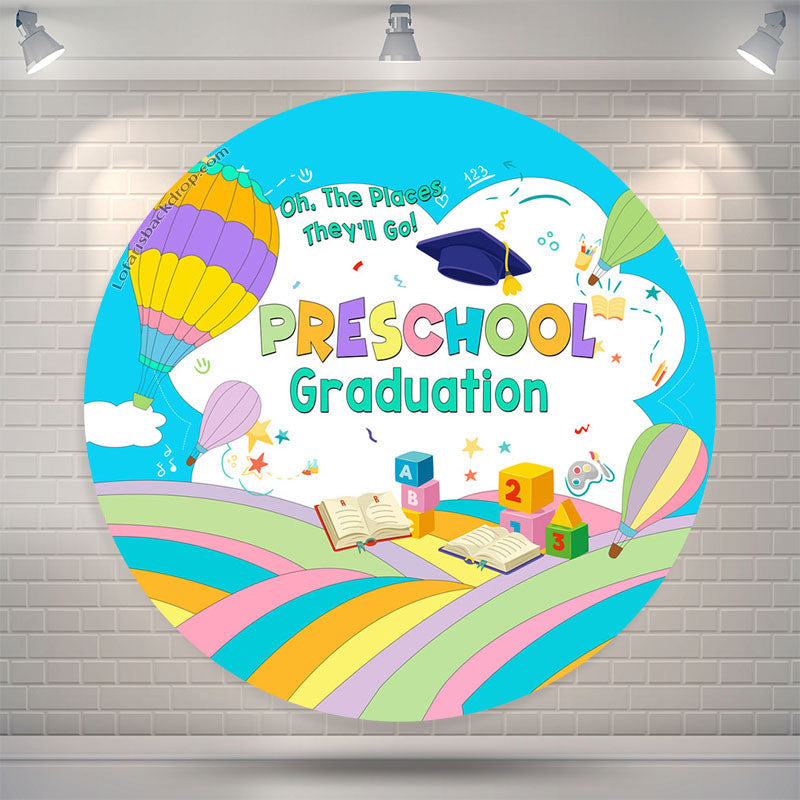 Aperturee Rainbow Hot Air Balloon Round Preschool Grad Backdrop