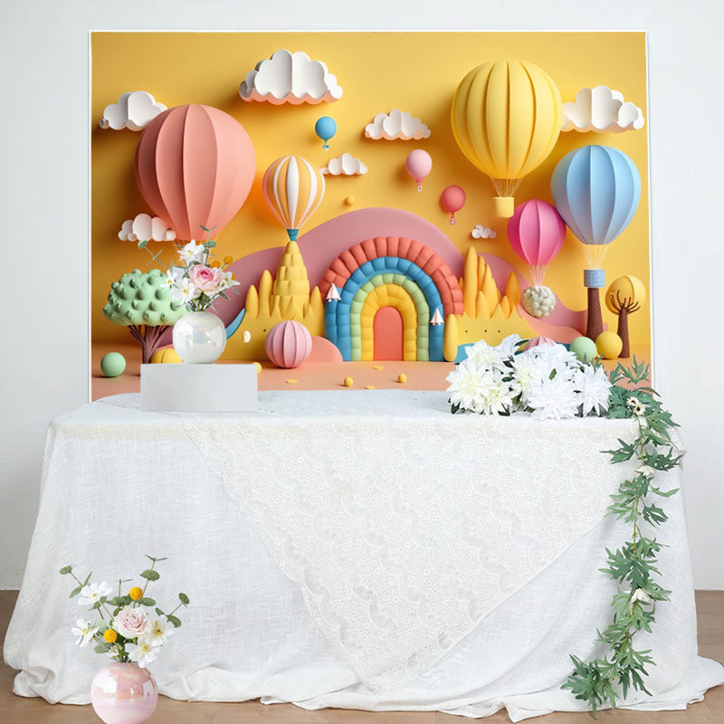 Aperturee - Rainbow Hot Air Balloons Cloud Birthday Backdrop